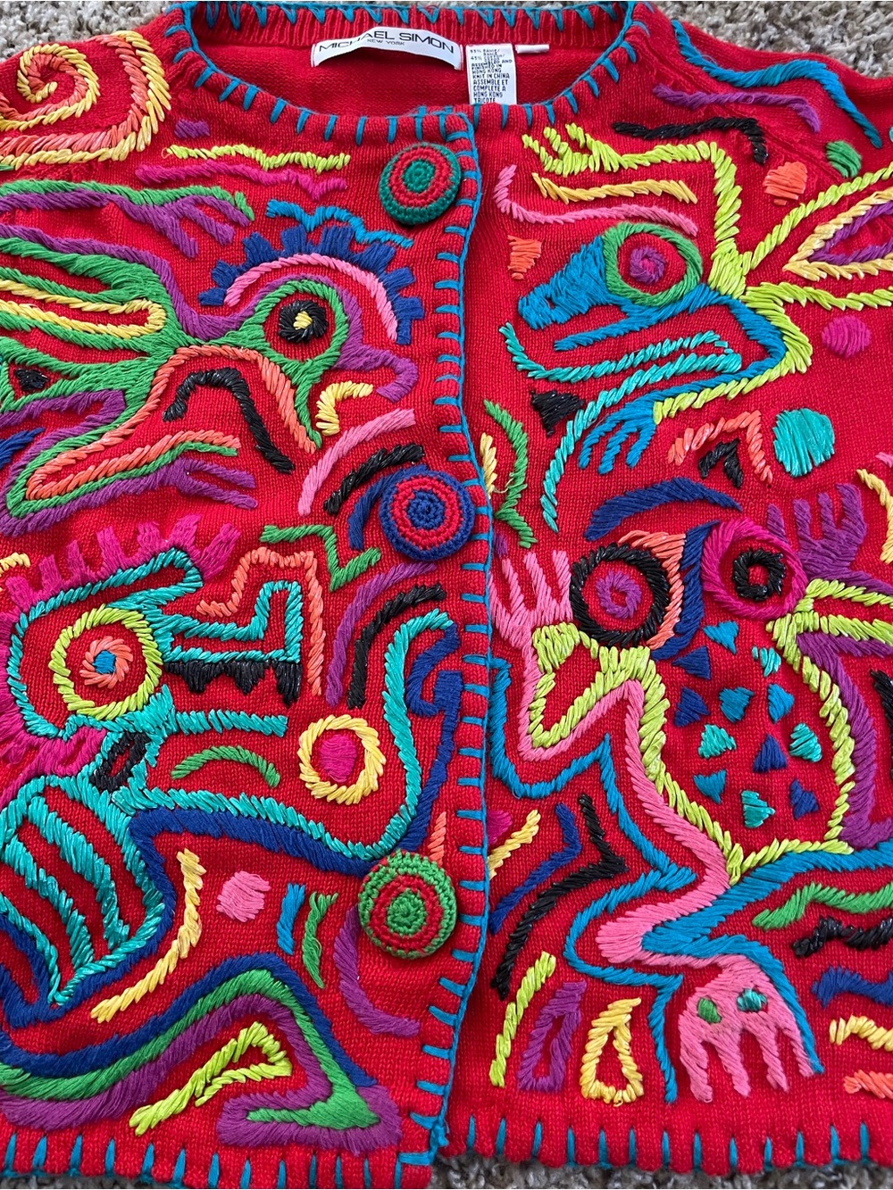 Vintage Michael Simon Red Cardigan with Turquoise Trim and Multicolor Embroidery - Picture 3 of 9